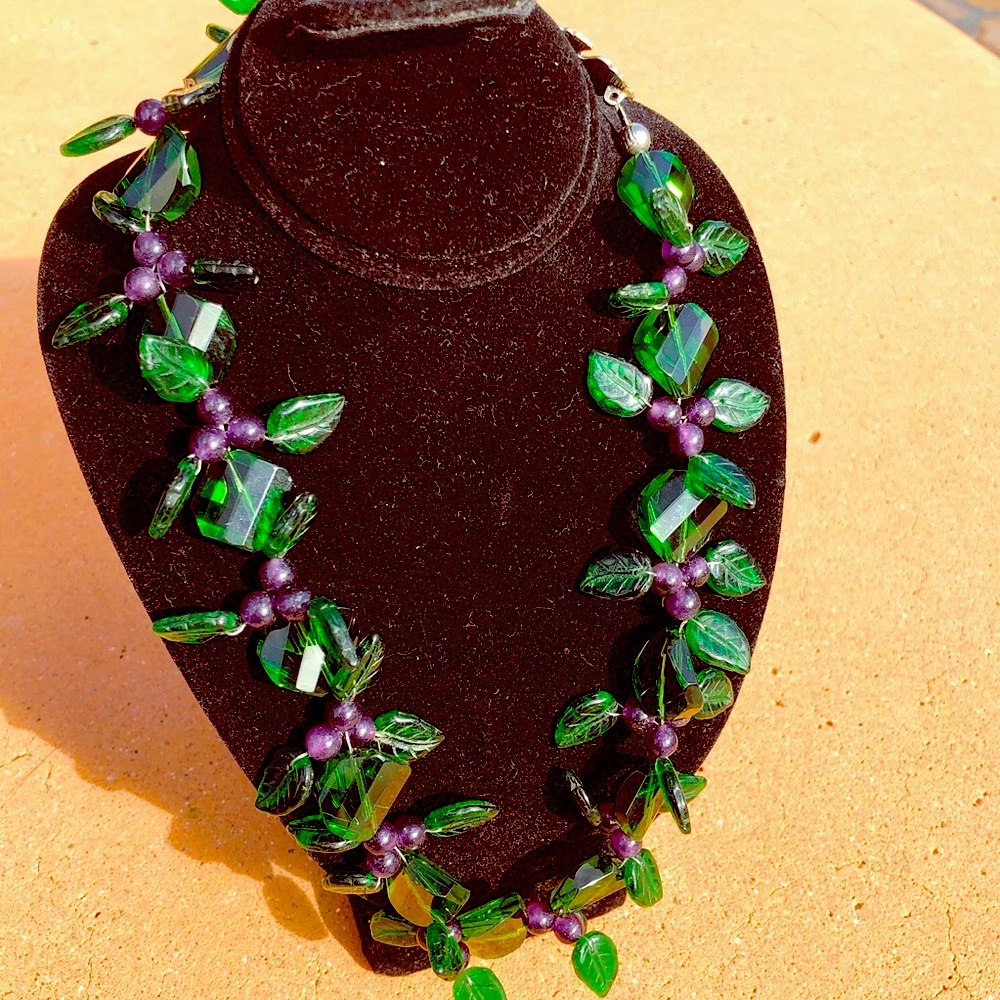 Amethyst & Green Crystal Beaded Vine Necklace